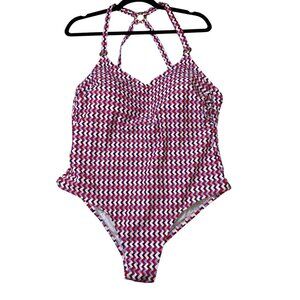 New Kona Sol Red White Blue Geometric One Piece Swimsuit size 16 Vacation